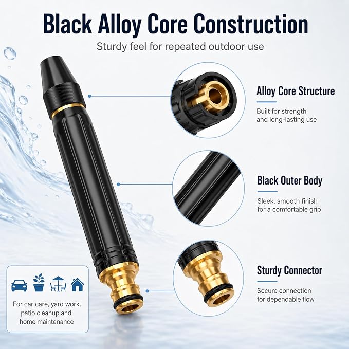 High Pressure Hose Nozzle, Black Alloy Core, 2 Pack | Adjustable high pressure water hose nozzle with jet, mist and shower spray for car washing, patio cleaning, lawn and plants