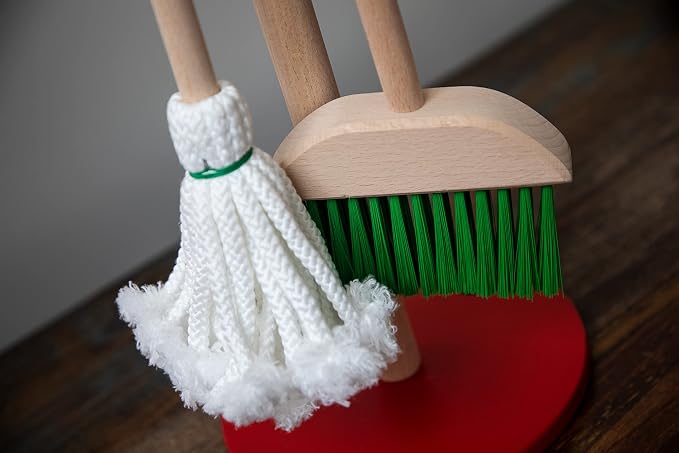 JustForKids Kids Cleaning Set, 6 Pieces - Wooden Pretend-Play Housekeeping Toy with Broom, Mop, Brush, Duster, Dustpan & Hanging Stand, STEM Learning Toy for Toddlers & Kids, Boys & Girls, Multicolor