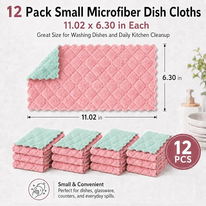 kimteny 12 Pack Dish Cloths for Washing Dishes, Super Absorbent Microfiber Kitchen Dish Rags, Fast Drying Coral Velvet Dish Cloths for Kitchen Counter and Dishes (Pink-Green)