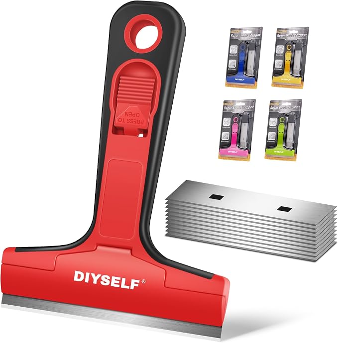 DIYSELF Razor Blade Scraper with 10 PCS 4" Blades, Scraper for Cleaning | Razor Scraper for Cleaning Glass, Window, Stove Top, Oven, Kitchen, Cooktop, Shower Door, Sticky Residue, Wallpaper, Red