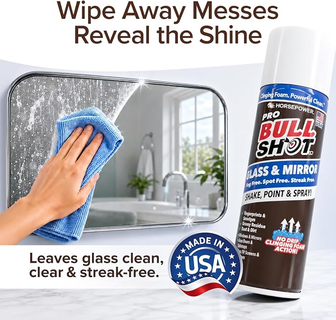 Horsepower Bull Shot Glass & Mirror Cleaner, As Seen On TV, No-Drip Foaming Glass Cleaner for Mirrors, Windows & TV Screens, Made in USA