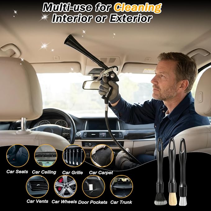 Car Detailing Air Cleaning Gun - Dry Blower Gun Works with Air Compressor | High Pressure Air Blaster with 2 Nozzles 3 Brushes 3 Connectors, Ergonomic Duster Tool for Car Interior Detailing Cleaning