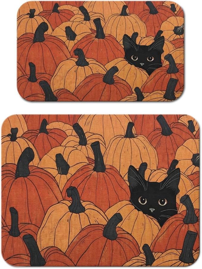 Fall Dish Drying Mat 2-Pack with Cat for Kitchen Counter Absorbent Dishes | Diatom Mud Mats (18x24, 19.5x12"). Non-slip rubber back for kitchen counter, coffee bar & sink scenes
