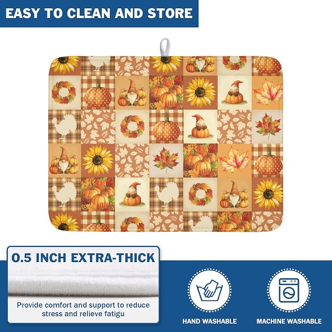 Fall Thanksgiving Dish Drying Mat for Kitchen Counter Autumn Harvest Orange Dish Drainer Mat Rustic Absorbent Washable Drying Pad 18"x24"