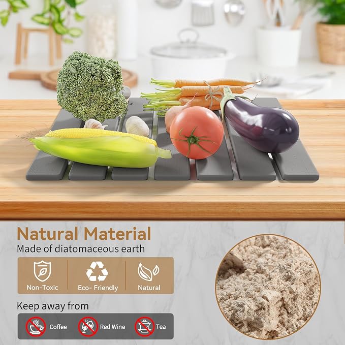 Stone Dish Drying Mat for Kitchen Counter,15.5''x11.8'' Foldable Quick Dry Stone Kitchen Mat,Eco-Friendly,Absorbent Diatomaceous Earth Mats for Dishes Bottles Cups Bathroom Any Countertop-Light Gray
