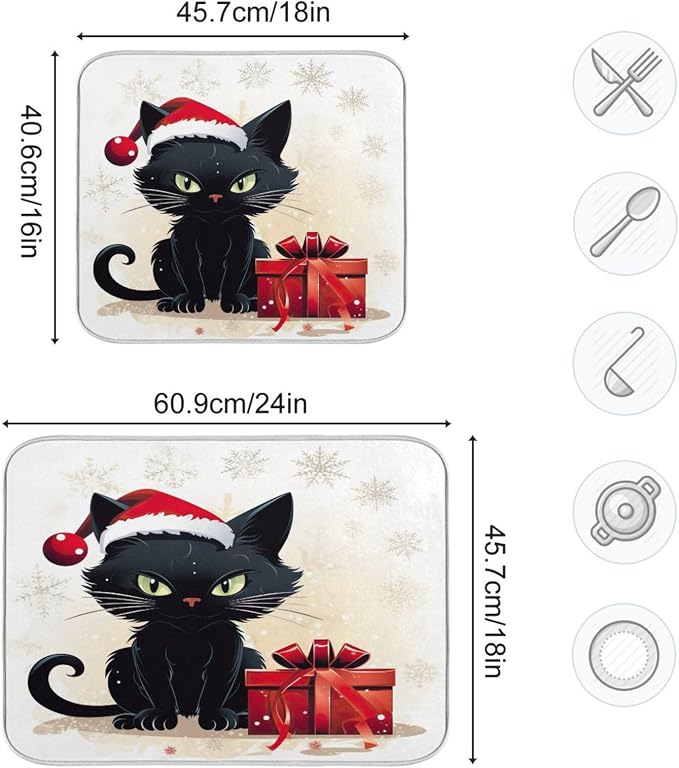 Christmas Dish Drying Mat Kitchen Counter Absorbent Black Cat Coffee Sink Mat Dish Drainer Pad 18 Inch x 16 Inch