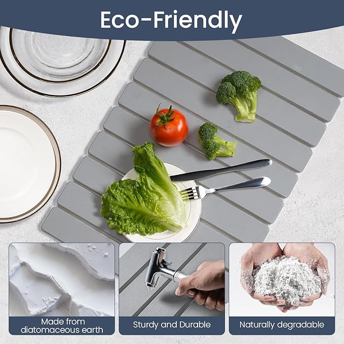 Meowoo Stone Drying Mat for Kitchen Counter, 15.7"x11.8" Foldable Diatomaceous Earth Mat, Super Absorbent, Quick-Dry Bath & Kitchen Pad for Dishes, Cups, Non-Slip, Fit Any Countertop - Light Gray