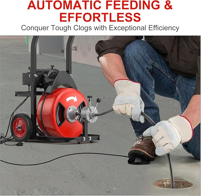 100Ft 3/4 Inch Drain Cleaning Machine. Sewer Snake 750w Auto Feed with 6 Cutter, Portable Drain Cleaning Machine Electric Drain Auger Sewer Auger Air-Activated Foot Switch for 4" to 8" Pipes