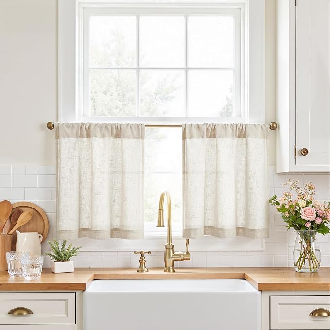 jinchan Rustic Linen Rod Pocket Tier Curtains, 26x20, 2 Panels, Natural | Light filtering, cafe curtains, machine washable, farmhouse, kitchen, bathrooms, laundry, small window, over sink