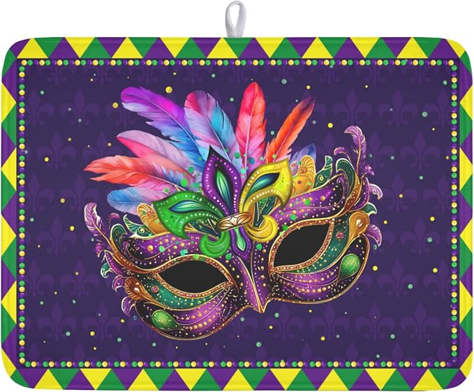 Mardi Gras Dish Drying Mat for Kitchen Counter Masquerade Mask Feather Drying Mats Absorbent Reversible Microfiber Washable Draining Pad Washable Dry Mat 18x24 Inch
