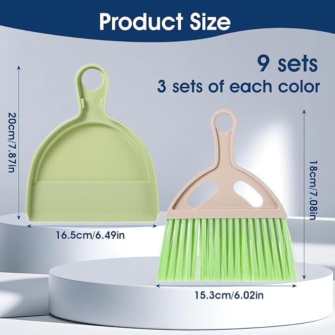 9 Pack Mini Dust Pan and Brush Set, Small Hand Broom and Dustpan Set with Handle - 3 Colors Plastic Cleaning Tools for Desk, Table, Keyboard, Car, Pet Food Crumbs