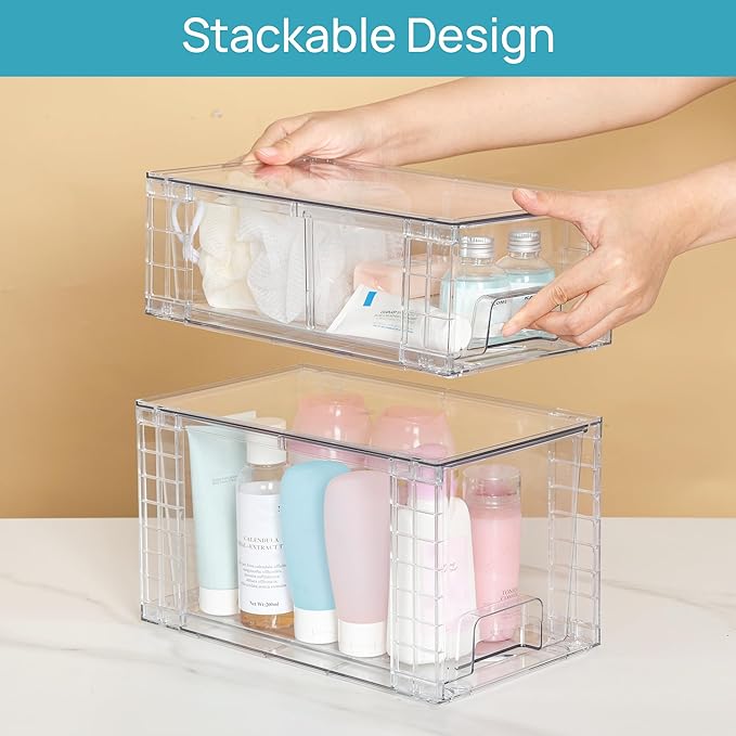 Vtopmart 8 Pack Clear Stackable Cabinet Organizers with Pull-Out Drawers, Clear Storage Drawers, 6 Medium and 2 Small for Under Sink, Pantry, Bathroom, Closet and Kitchen Storage