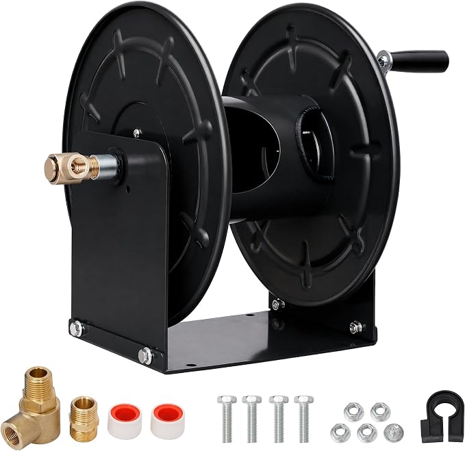 lesolar Pressure Washer Hose Reel,100FTx3/8'' / 200FTx1/4'' | Retractable Hand Crank Power Washer Hose Reel,Wall/Floor Mounted Heavy Duty Hose Reel for Water,Black