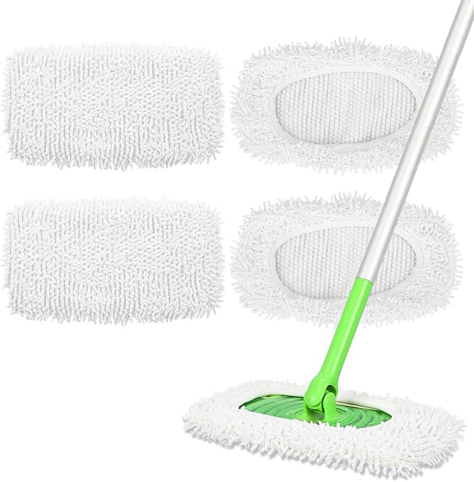 Reusable Microfiber Chenille Mop Pads Compatible with Swiffer Mop | 4 Pack Dry Sweeping Cloths, Wet Pad Refills for Wet & Dry, Washable Pads Refills for Household Cleaning (Mop is not Included)