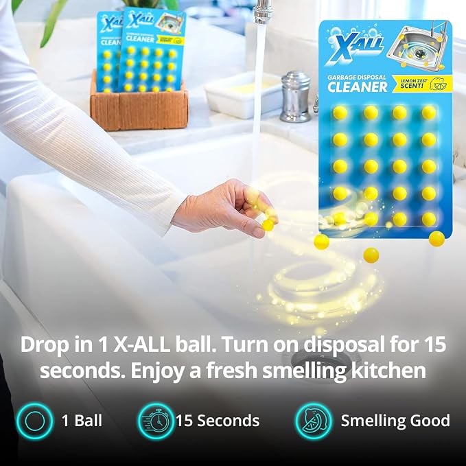 X-ALL Garbage Disposal Cleaner Deodorizer Tablets – 24 Pack, New Powerful Foaming Formula - Deep Cleaning and Odor-Eliminator with Lemon Scent - Natural Kitchen Cleaning Care