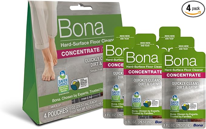 Bona Multi-Surface Floor Cleaner Concentrate - 1 fl oz - 4-Pack - Residue-Free Floor Cleaning Solution for Bona Spray Mop and Spray Bottle Refill - For Stone, Tile, Laminate, and Vinyl Floors