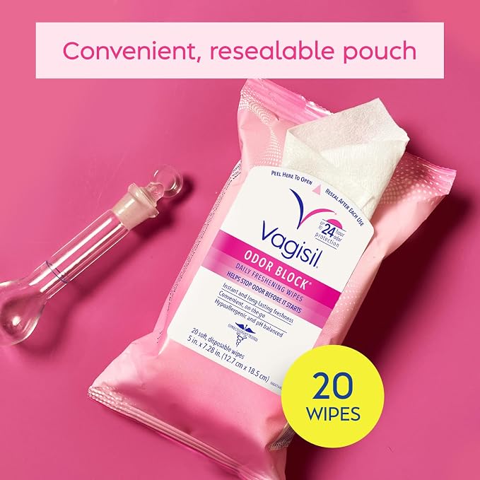 Vagisil Odor Block Daily Freshening Wipes for Feminine Hygiene in Resealable Pouch, Gynecologist Tested & Hypoallergenic, 20 Wipes (Pack of 1)