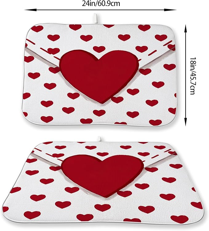 Valentines Dish Drying Mat 18x24 Inch Red Hearts Dish Drainer Protector Pad for Kitchen Counter Absorbent Holiday Love Drying Pad for Drainer Rack Kitchen Fast Dry