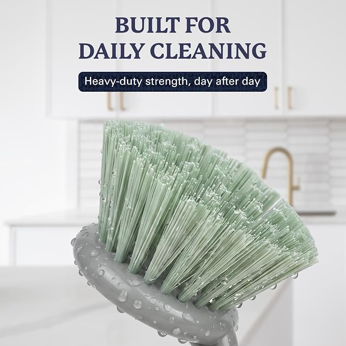 Farberware Dish Brush with Handle, 2 Pack, Firm Bristles | Kitchen scrub brush and dish scrubber removes grease, reaches pot and pan edges, 9in, round head, soft-grip design