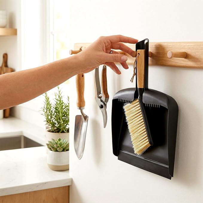Mini Dustpan and Brush Set with Bamboo Handle, Black, 1 Set | Portable Multipurpose Broom Dustpan Set with Handle Teeth, for Desktops, Bedroom, Kitchen, Pet Care, Camping