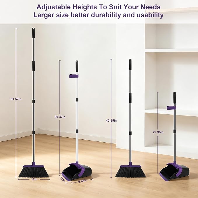Broom and Dustpan Set 2 Pack, Upright Stand Up Broom and Dustpan Combo with Long Handles, Self-Cleaning Dustpan Teeth, Indoor Outdoor Sweeping Set for Home, Kitchen, Garage Pet Areas Purple