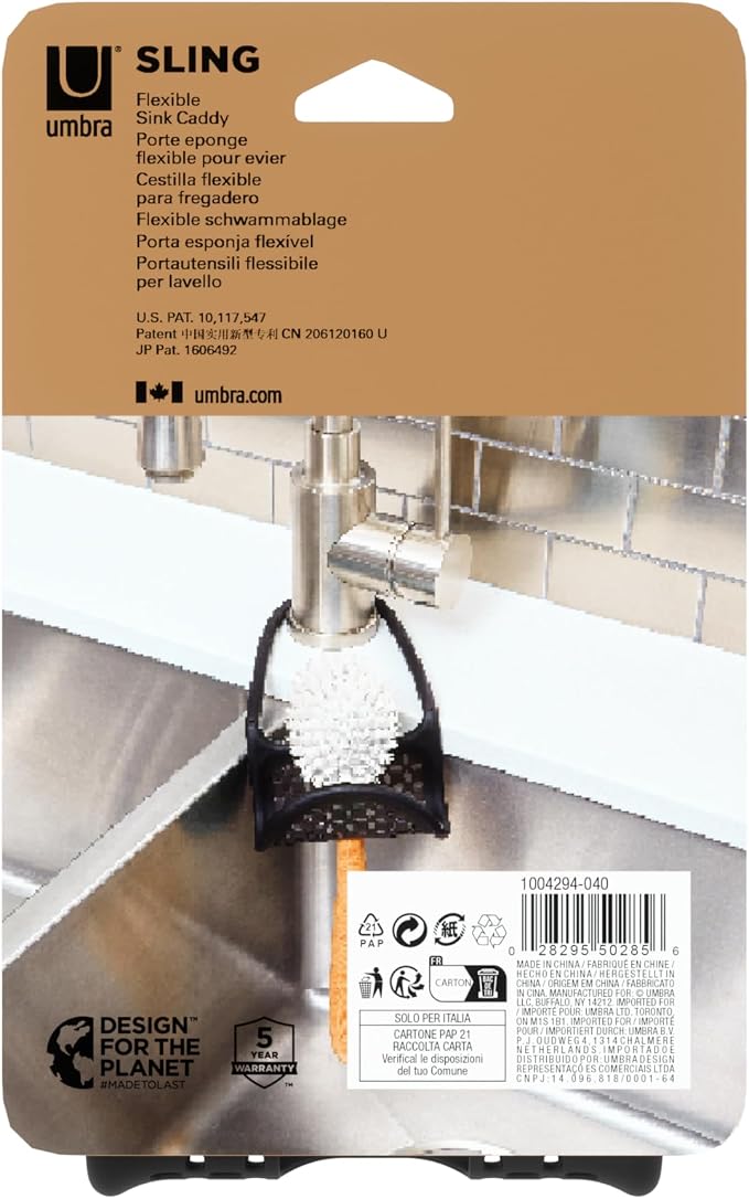 Umbra Sling Sponge Holder for Kitchen Sink – No Suction Cups, Flexible Caddy for Sinks and Faucets, Modern Design, Black