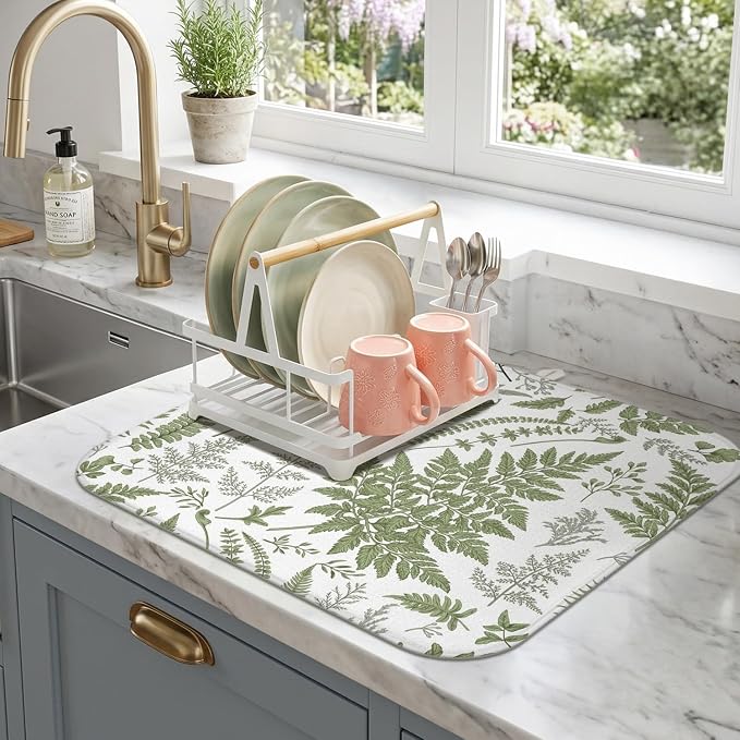 Boho Dish Drying Mat for Kitchen Counter,Botanical Fern Plant Floral Farmhouse Absorbent Microfiber Reusable Washable Non-Slip Dish Drainer Draining Mats Dishes Pad for Kitchen Decor 18x16 Inch