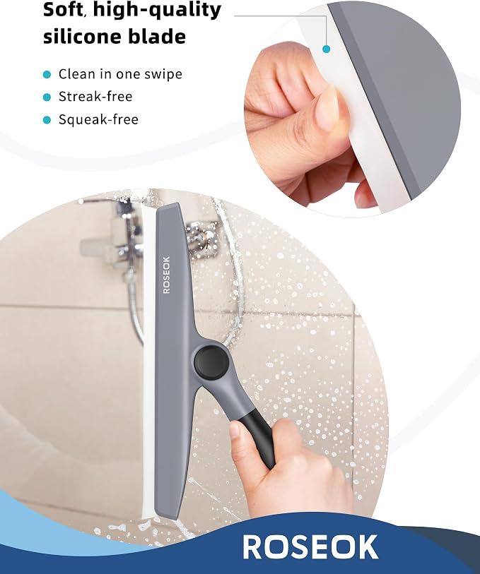 ROSEOK Shower Squeegee, Silicone Squeegee for Glass Doors with Hook | For Bathroom, Window, Mirror, Tile Wall, Pivoting Head, 10 Inch, Black, 1 Pack