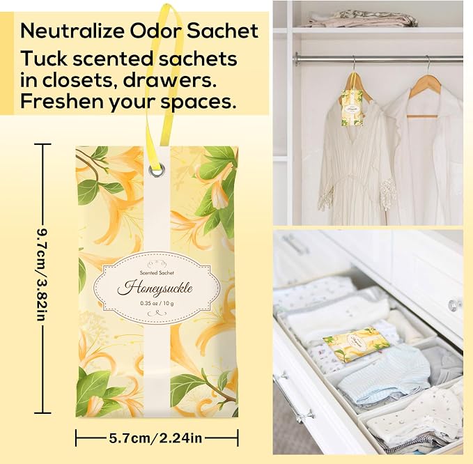 SCENTORINI Scented Sachets for Drawer and Closet, Honeysuckle Scent 14 Pack | Long-Lasting Sachets Bags Gift Set, Wardrobe Freshener for Dresser, Closet, Clothes Storage, Suitcases, Gym Bag, Locker