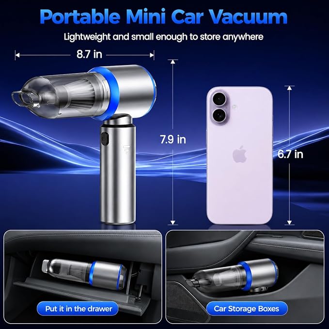 Cordless Mini Car Vacuum Cleaner, Hand Held Portable Vacuum, 21000PA High Power Small Vacuum Cleaner, Compressed Air Duster & Air Blower & Aspiradora para Carro for Car, Home, Office, Pet