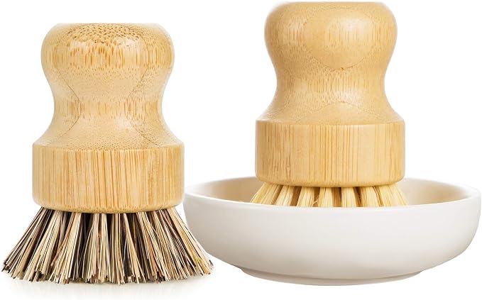 GREENTH PRO Palm Pot Dish Brush- Nature Bamboo 2 Packs Mini Durable Scrub for Kitchen Cleaning with Ceramics Holder