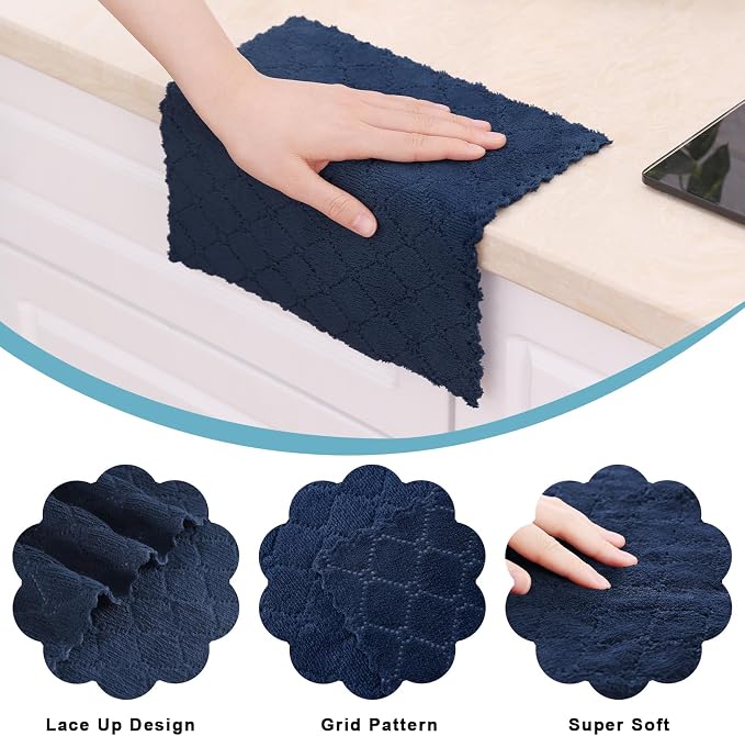 Homaxy 12 Pack Kitchen Dish Cloths (10 x 10 Inches, Navy Blue), Super Soft and Absorbent Coral Velvet Dish Towels, Nonstick Oil Fast Drying Microfiber Cleaning Cloth, No Lint Household Dishcloths