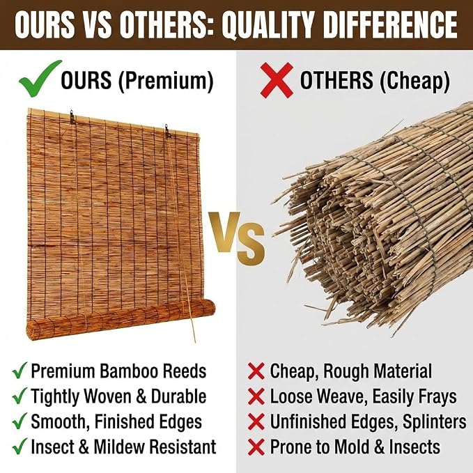 Bamboo Roman Shades for Windows 27 inch 30 inch 34 inch 46 inch Cordless Bamboo Blinds Blackout 70% Hand Woven Reed Roller Blinds with Lift for Inside Mount Privacy Screen(Brown,54" W x 36" H)