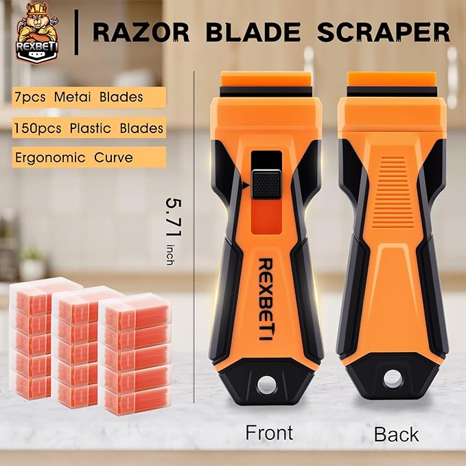 REXBETI Razor Blade Scraper Tool, Upgraded Windows, Glass Stovetop Scraper | 7 metal & 150 plastic blades. Removing paint, grease, adhesive, stickers, labels, decal. General cleaning tool. Blade Storage