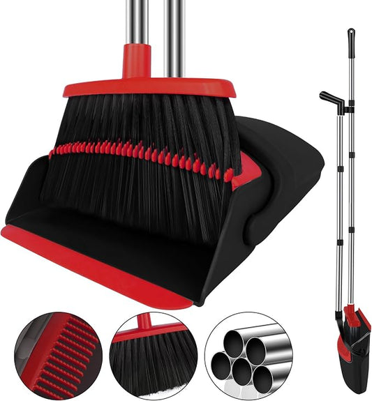 Red Broom and Dustpan Combo Set, 51" Long Handle Broom | Built-in Comb Dustpan for Pet Hair Removal, Foldable Upright Storage Design