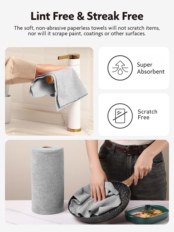 Fantasticlean Microfiber Cleaning Cloth Roll- 90 Sheets, 12" x 12" (Grey) | Super Absorbent, Lint-free, Tear-away Microfiber Towel Roll, for All-Purpose Cleaning, Reusable Alternative to Paper Towels