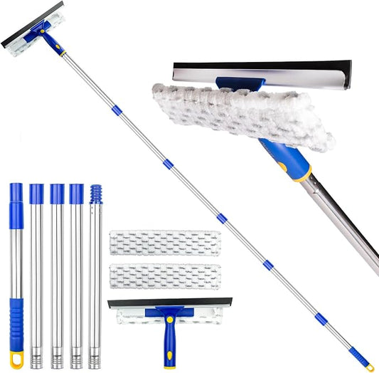 86.6" Window Squeegee Cleaner,2 in 1 Window Cleaning Tool Kit,Shower Squeegee with Extension Pole，Glass Cleaning Tools for Shower Glass,Indoor/Outdoor High Window Cleaning-Two Pads