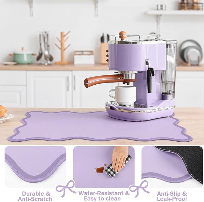 Nuanchu Purple Scalloped Coffee Mat 12" x 19" Coffee Bar Accessories Cute Dish Drying Mat for Kitchen Counter Aesthetic Waterproof Coquette Drainer Pad