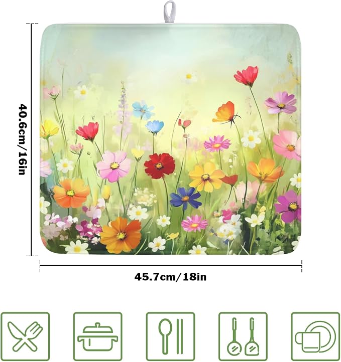 Spring Summer Daisy Dish Drying Mat 16 x 18 Inch Colourful Floral Pattern Dish Drainer Rack Mat Absorbent Microfiber Mats Holiday Dish Pad for Kitchen Coffee Dining Bar Decor