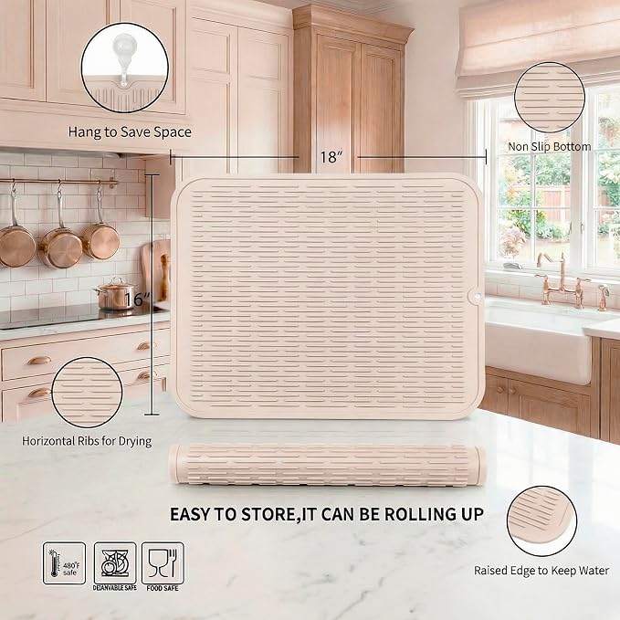 MicoYang Silicone Dish Drying Mat for Multiple Usage,Easy clean,Eco-friendly,Heat-resistant Silicone Mat for Kitchen Counter or Sink,Refrigerator or Drawer Liner Tapioca XL 18 inches x 16 inches