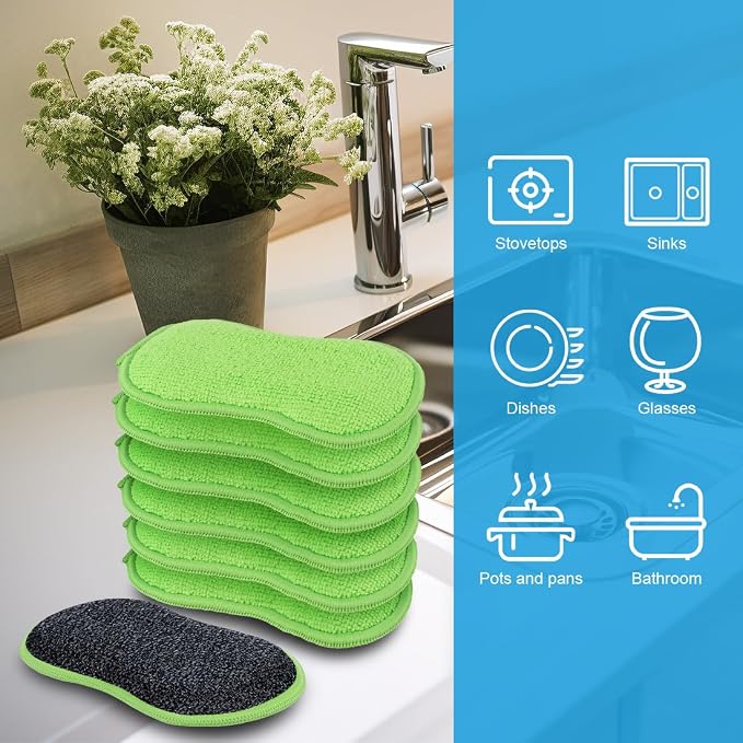 HOMEXCEL 12 Pack Multi-Purpose Scrub Sponges Kitchen Dish Sponge Non-Scratch Microfiber Sponge for Efficiently Cleaning Dishes Pots Pans, Green