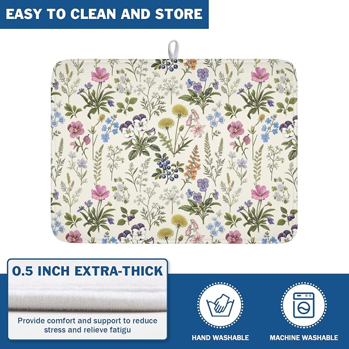 Rustic Botanical Print Floral Dish Drying Mat 18x24 Inch | Polyester，Absorbent Microfiber，for Kitchen Coffee Dining Bar Decor
