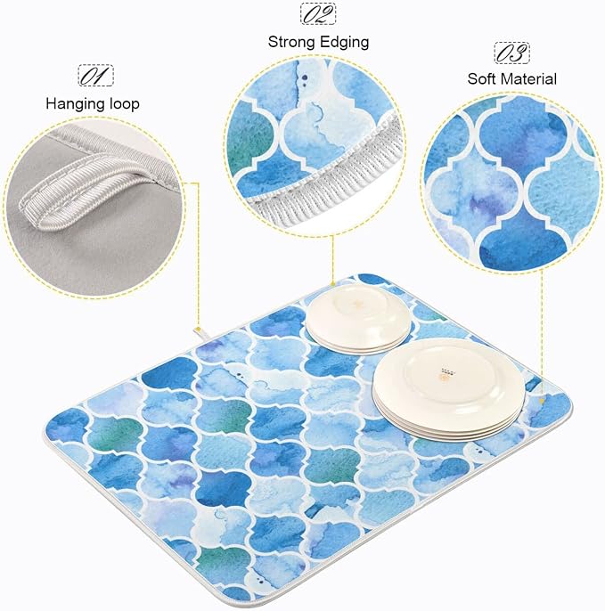 Super Absorbent Dish Drying Mat, Microfiber Fast-Drying Dish Mat, 24" x 18", Kitchen Dish Drying Pad, Watercolour Moroccan Background