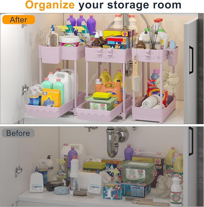 Sevenblue 3 Pack Under Sink Organizers, 2-Tier Multi-Use Kitchen and Bathroom Organizers and Storage with Sliding Drawers, Bathroom Cabinet Organizer (Pink, 14.8 Inch) | Multi-use kitchen & bathroom storage, 14.8 inch pink cabinet organizer, space-savi...