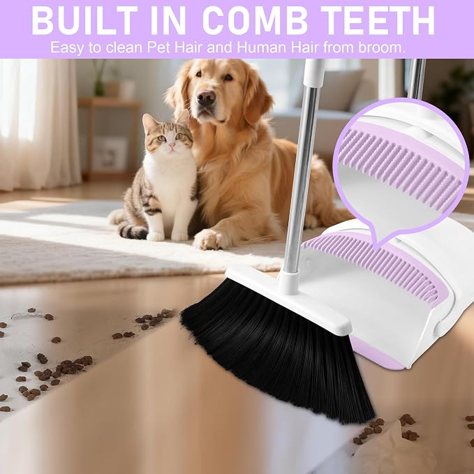 Broom with Dustpan Combo Set for Home, 52-in Long Adjustable Handle Angle Broom and Dustpan Set with Dustpan Comb Teeth for Sweeping Pet Hair Food Dirt Kitchen (White-Purple)
