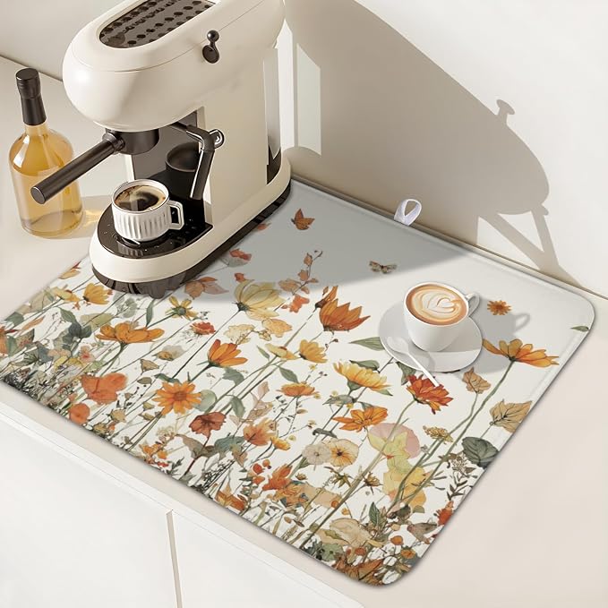 Fall Floral Dish Drying Mat for Kitchen Counter Orange Rustic Vintage Wildflower Pattern Microfiber Dish Drainer Mat Autumn Absorbent Washable Drying Pad Extra Large 16"x18"