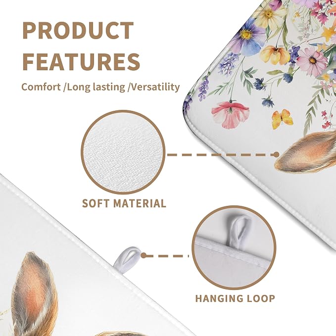 Spring Easter Dish Drying Mat for Kitchen Counter Easter Bunny Rabbit Eggs Flowers Dishes Drainer Mats 18x24 Microfiber Absorbent Large Dish Drying Pad for Kitchen Countertop Tableware Decor