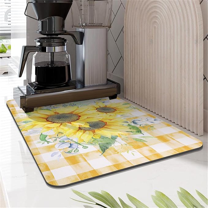 LOKHOM Dish Drying Mat for Kitchen Counter, 12"x20" Absorbent Coffee Bar Mat with Sunflowers, Vintage Floral Dish Drainer Rack Mats for Kitchen Counter Coffee Maker Pot Dining Room Decoration