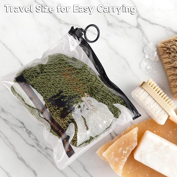 SubSahara Authentic African Net Sponge - 2 Pack Exfoliating Bath & Shower Loofah Sponge for Body & Face, Gentle Scrubber for All Skin Types, Travel, Durable Polyester (Olive Green & Light Green)