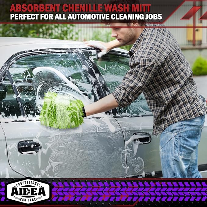 AIDEA Car Wash Mitt Microfiber, 4PK, Car Wash Brush, Green, 7.12''X10.14'' | Scratch Free Lint-Free, Premium Chenille Microfiber Mitt, Cleaning Supplies, Regular Size